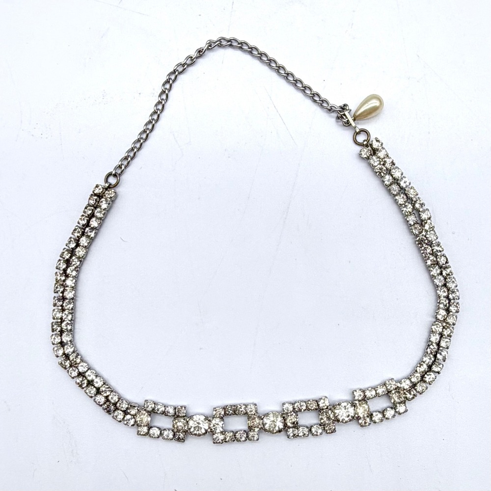 Unbranded Vintage Rhinestone Choker Necklace Silver Tone Double Row Pearl Drop